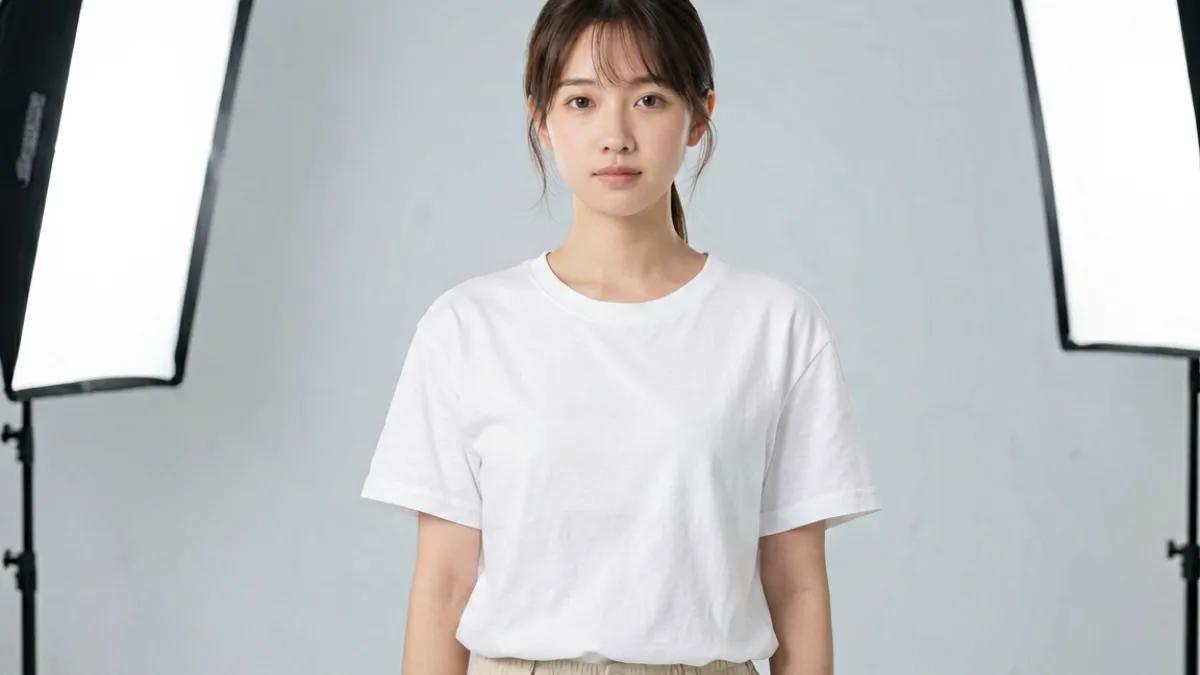 相泽南身穿素色服装站在摄影棚灯光前，表情自然，展现清透气质